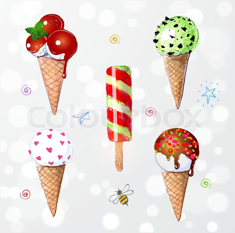 800x792 Set Of Colorful Ice Cream Hand Drawn With Watercolor. Chocolate
