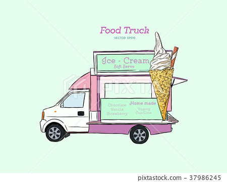 450x360 Ice Cream Truck. Vector Hand Drawn Illustration