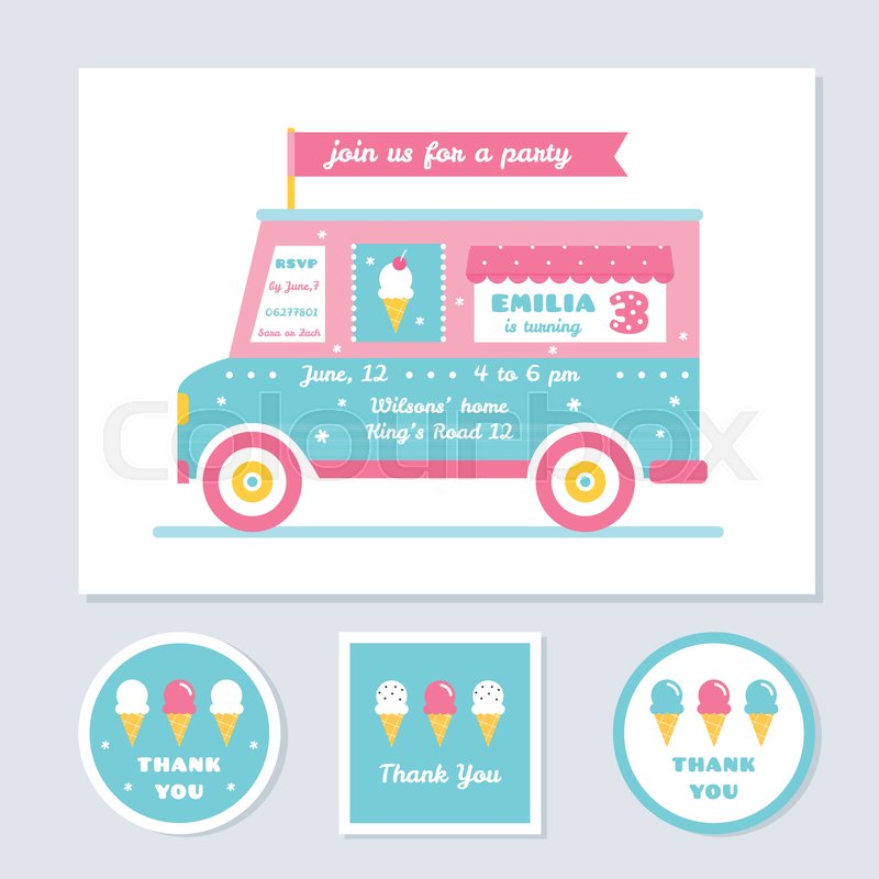 800x800 Icecream Truck Vector Kids Party Invitation And Thank You Cards