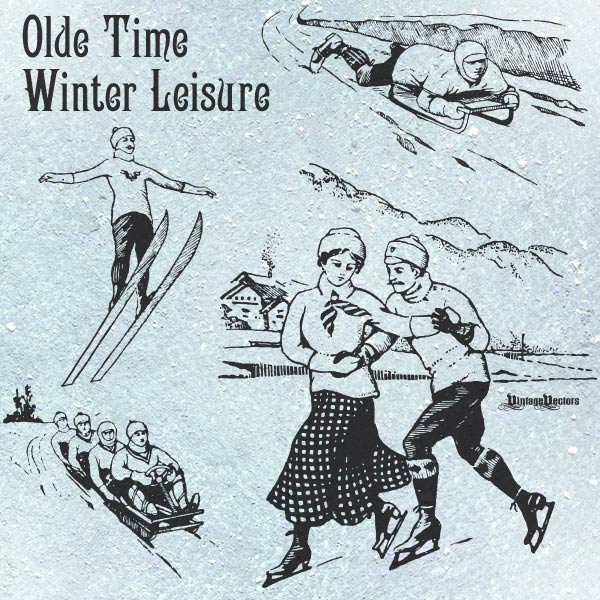600x600 Vector Art Ice Skating Couple, Sledder And Ski Jumper Vintage