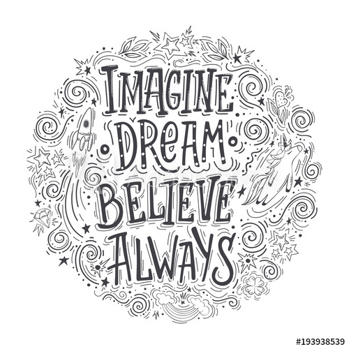 500x500 Imagine Believe Dream Always. Hand Drawn Vector Quote. Inspiring