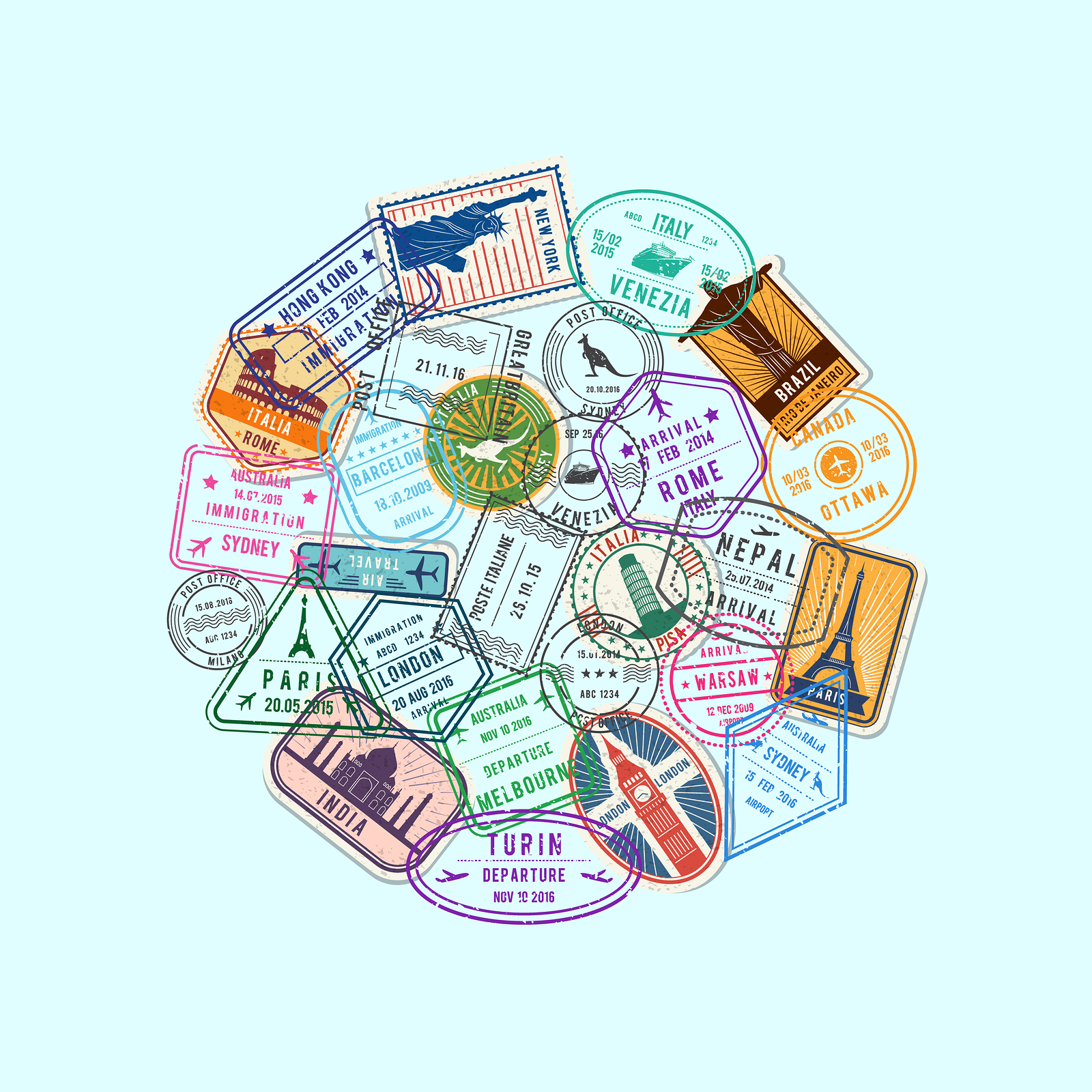 1600x1600 Vector World Immigration And Post Stamp Marks Gathered In Circle