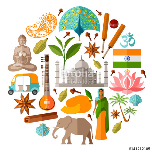 500x500 Traditional Indian Symbols In A Flat Style. India Vector Icons In
