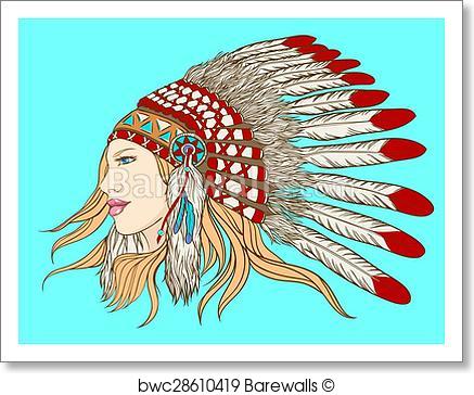 437x364 Art Print Of Young Pretty Girl In Indian Chief Headdress. Vector