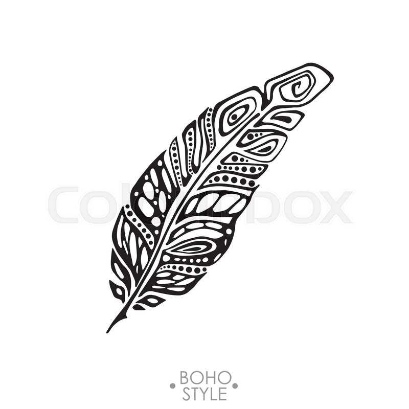800x800 Boho Feather Hand Drawn Effect Vector Style Illustration. Vector