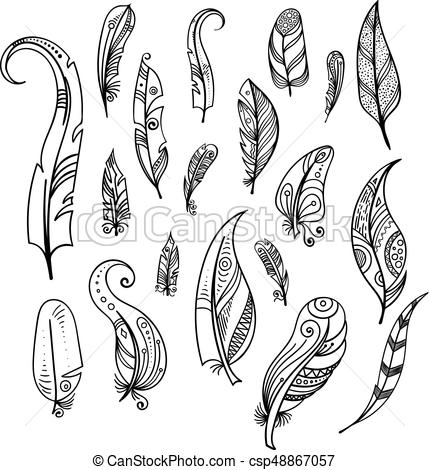 429x470 Bird Feathers. Hand Drawing Indian Elements Set Isolate On White