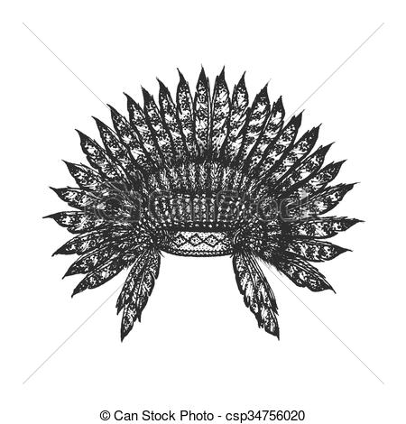 450x470 Hand Drawn Indian Headdress Vintage Illustration . Vector Black