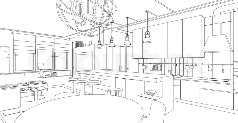 800x413 Interior Vector Drawing. Architectural Design. Living Room Stock