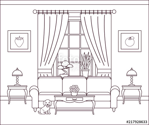 500x420 Living Room Interior. Vector Illustration. Outline Sketch. Home