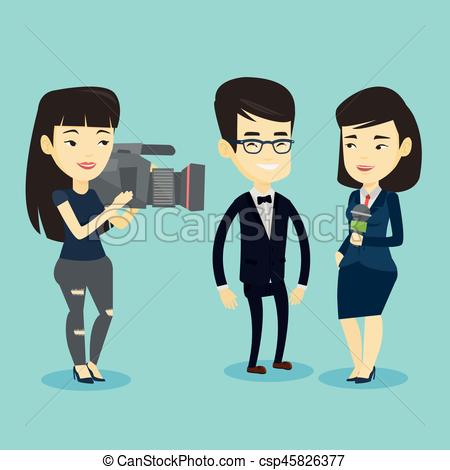 450x470 Tv Interview Vector Illustration. Professional Asian Reporter With