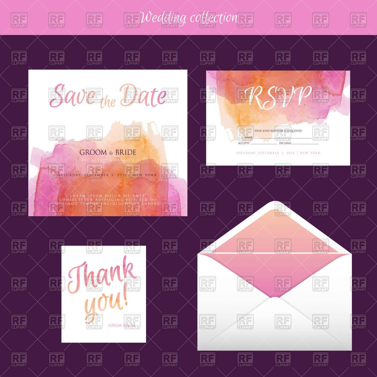 1200x1200 Wedding Invitation And Envelope With Watercolor Design Vector