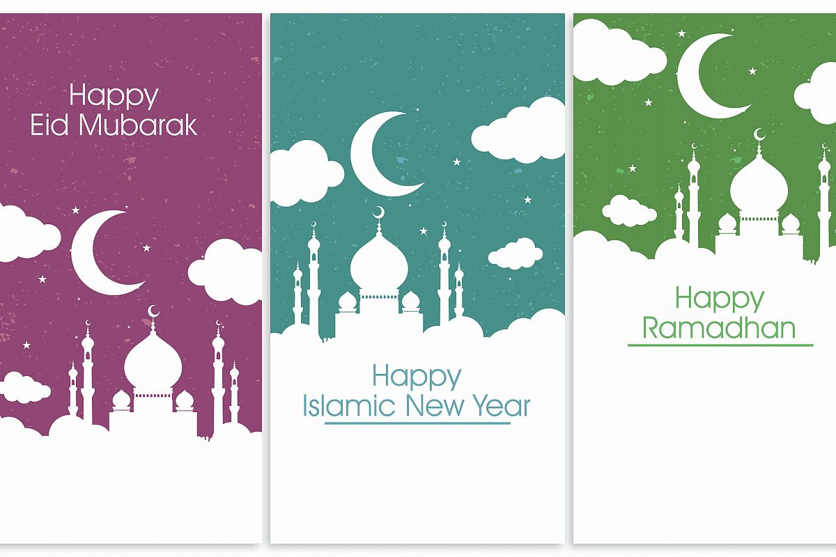 1200x800 Islamic Vector Elements For Greeting Card. Mosque, Cloud, Stars