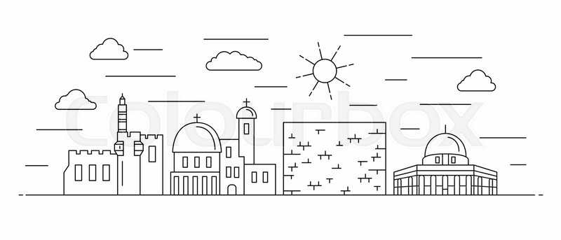 800x343 Israel Panorama. Israel Vector Illustration In Outline Style With