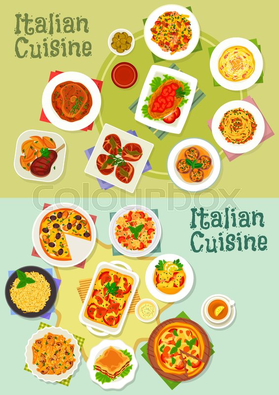 566x800 Italian Cuisine Pasta And Pizza Dishes Icon Set With Ham, Mushroom