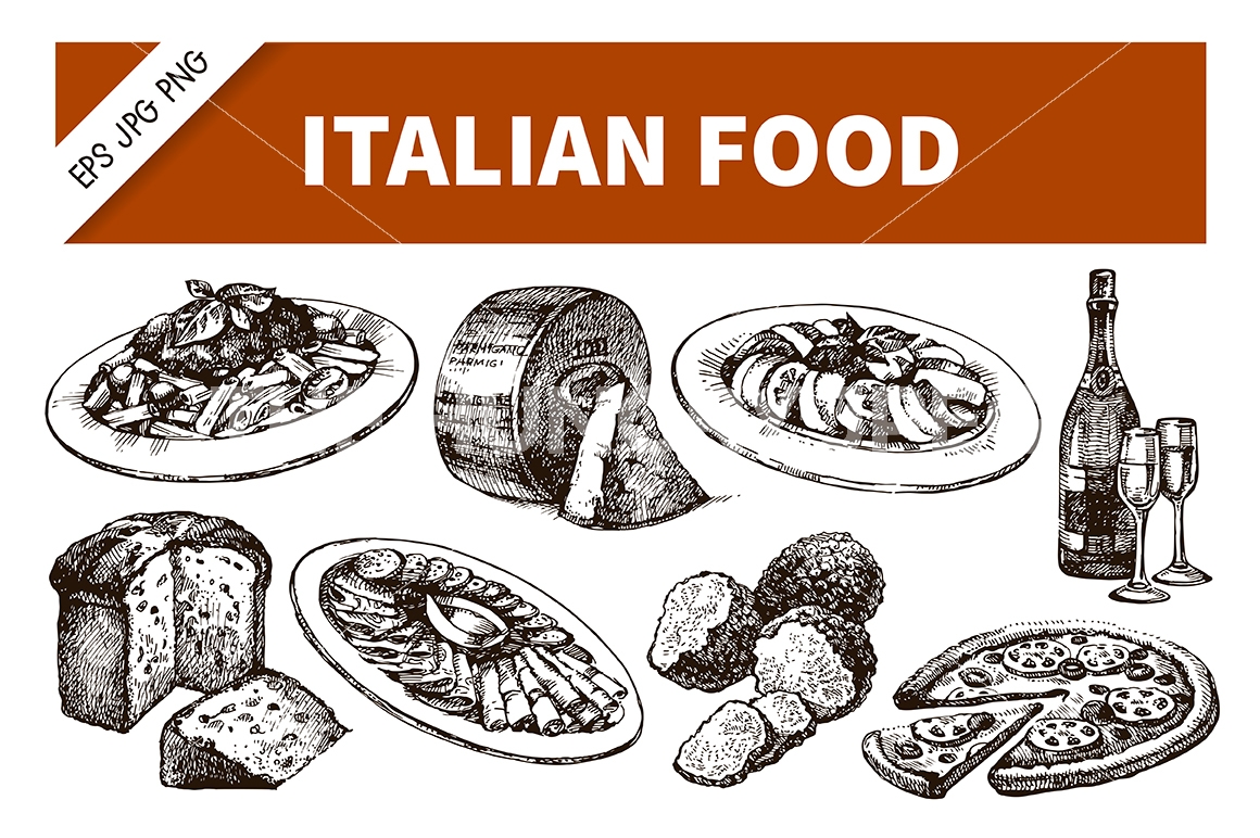 1160x772 Hand Drawn Sketch Italian Food Vector Set By Elena Pimonova