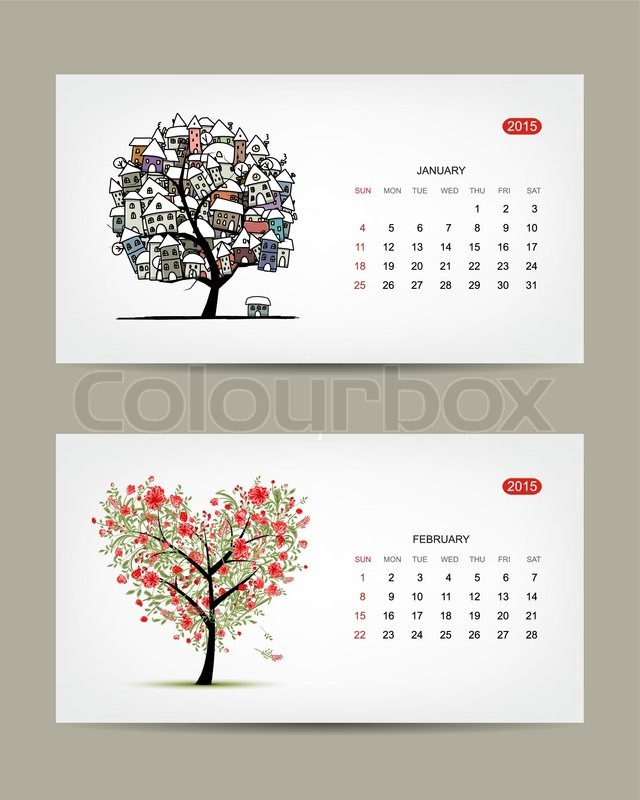 640x800 Vector Calendar 2015, January And February Months. Art Tree Design