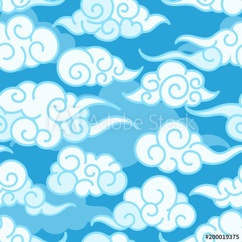 500x500 Chinese Clouds Pattern. Blue Swirl Asian Wave Cloud Sky Background