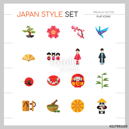 500x500 Japan Style Icon Set. Japanese Umbrella Bamboo Daruma Doll