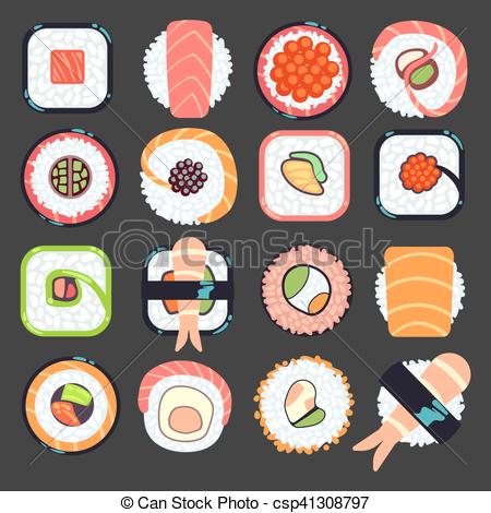 450x470 Japanese Food Sushi Vector Illustration, Set Of Type Seafood Roll.