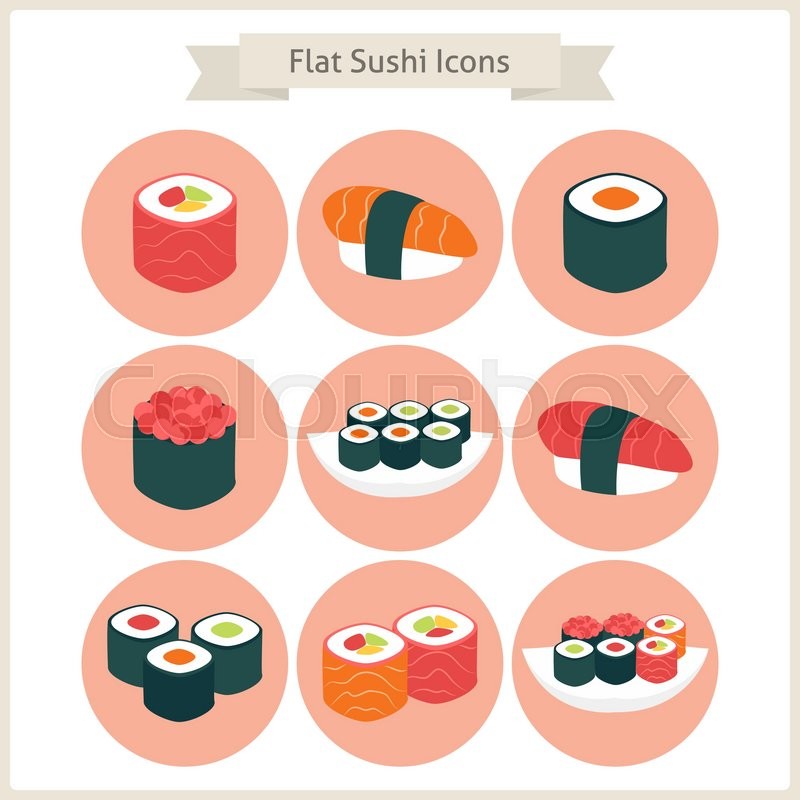 800x800 Flat Big Sushi Set Circle Icons. Set Of Japanese Food. Vector