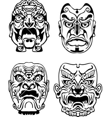 380x400 Japanese Noh Theatrical Masks Vector Japonia