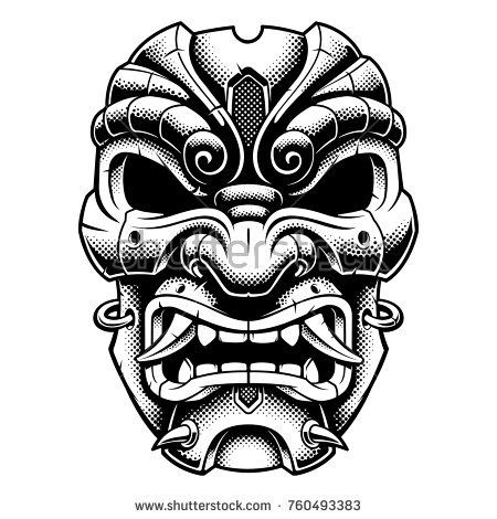 450x470 Samurai Warrior Mask. Vector Illustration With Old Japanese Mask