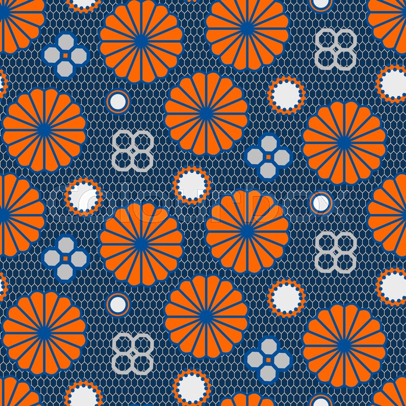 800x800 Japanese Floral Vector Seamless Pattern In Blue And Orange Mesh
