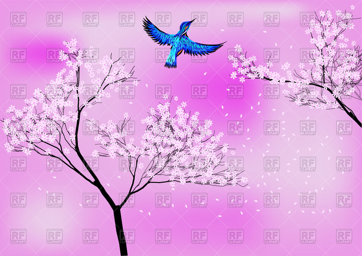 1200x849 Japanese Background With Blossom Tree And Blue Bird Vector Image