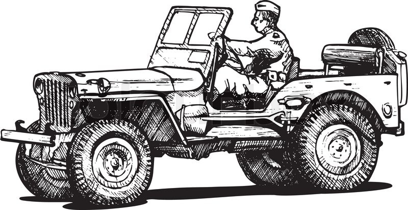 800x411 Vector Drawing Of Army Jeep Stylized As Engraving. Stock Vector