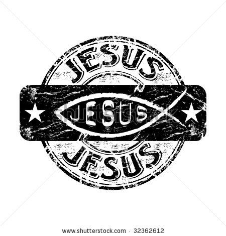450x470 Black Grunge Rubber Stamp With Jesus Fish Symbol And Two Star