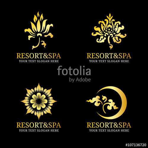 500x500 Gold Flower Thai Art Logo Vector Set For Spa Resort Hotel Or