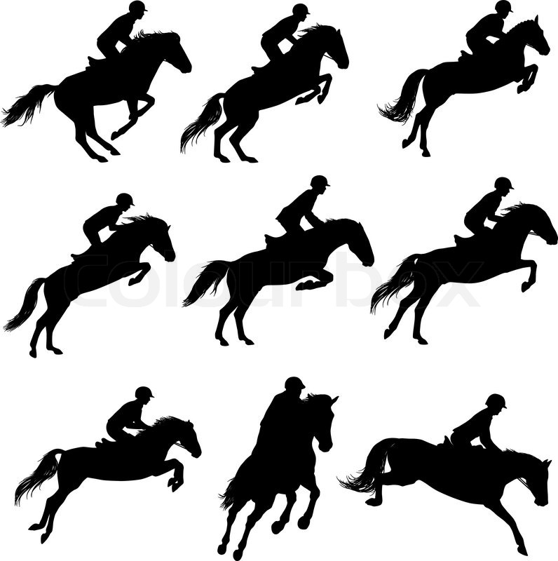 796x800 Set Of A Jumping Horse With Rider Silhouettes Stock Vector