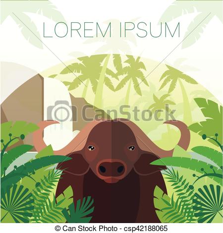 450x470 Flat Vector Image Of The Buffalo On The Jungle Background.