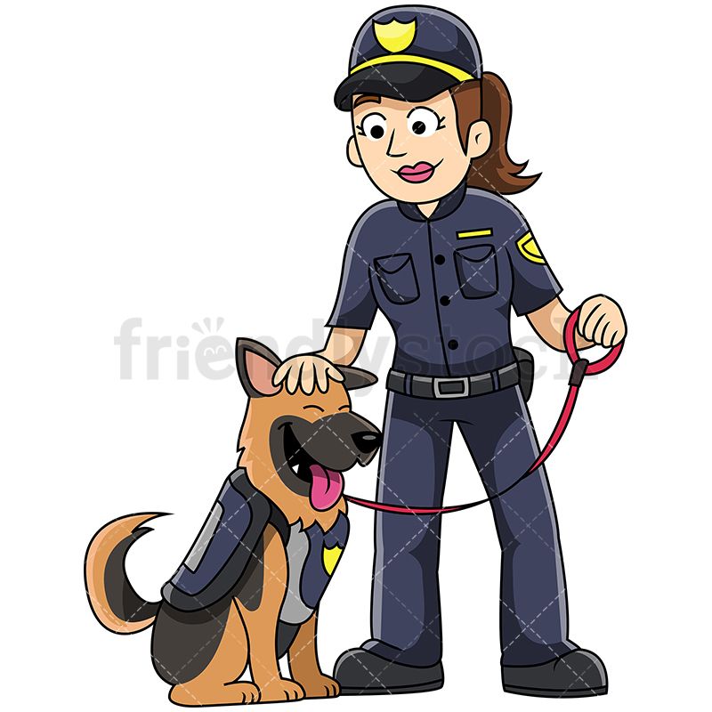 800x800 K9 Female Police Officer Petting Dog Vector Cartoon Clipart