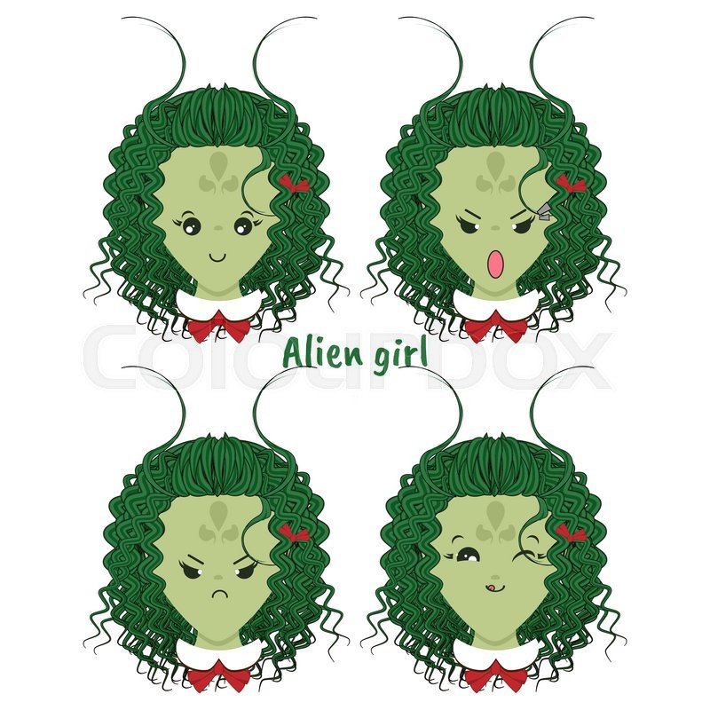 800x800 Kawaii Vector Icon Set. Curly Alien Girl With Different Funny