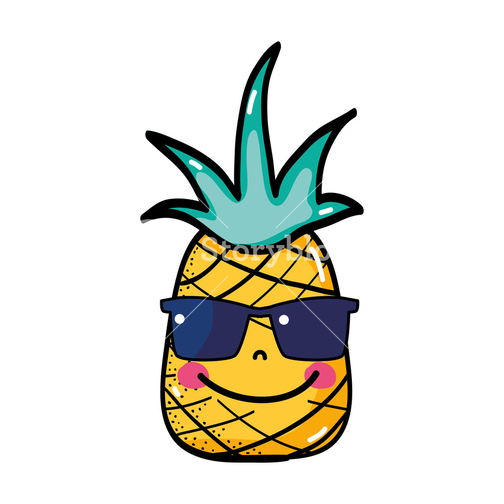 1000x1000 Happy Pineapple Fruit With Sunglasses Kawaii Vector Illustration