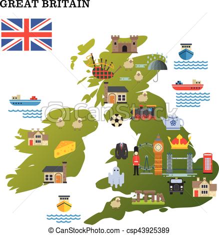 438x470 United Kingdom Travel Map With Landmark Icons Vector Illustration