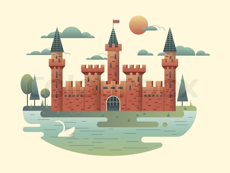 800x600 Castle Design Flat. Building Medieval With Tower, Fortress