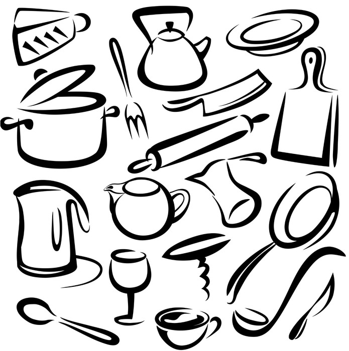 695x700 Big Set Of Kitchen Tools, Vector Sketch Wall Mural We