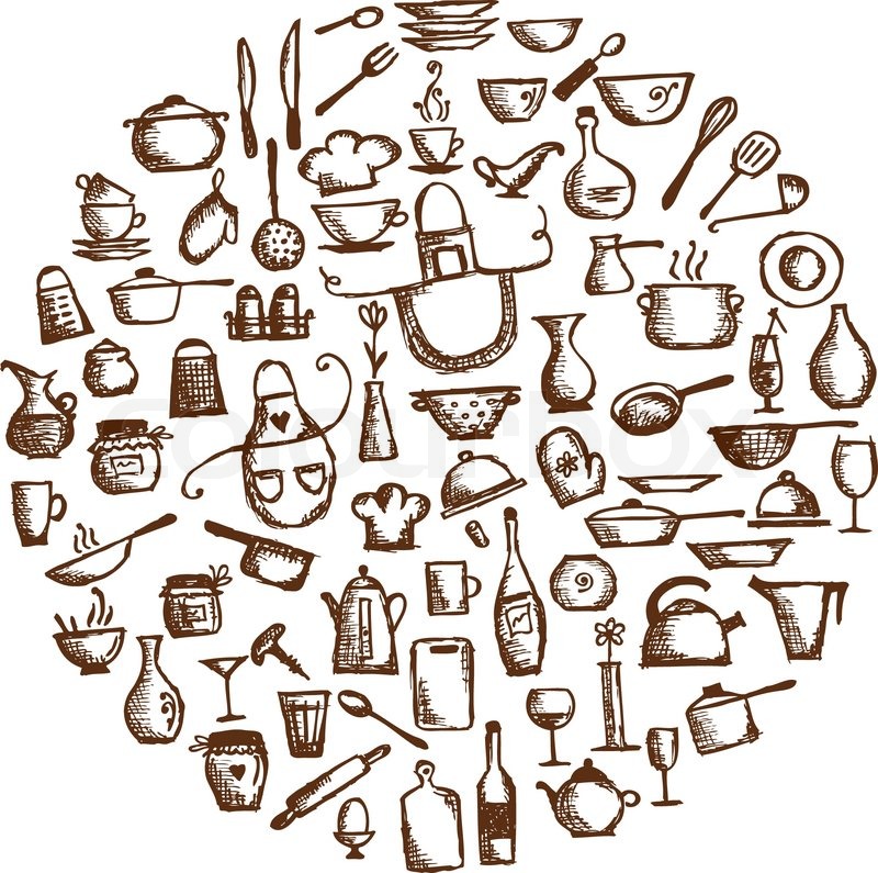 800x795 Kitchen Utensils, Sketch Drawing For Your Design Stock Vector