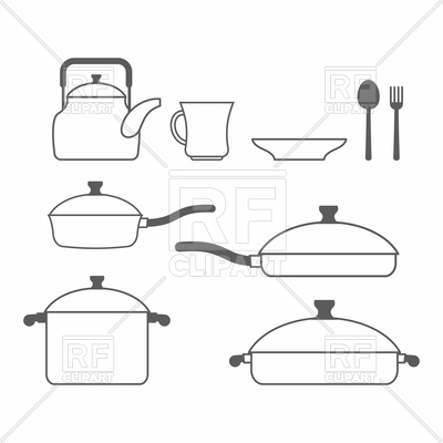 400x400 Set Of Dishes. Kitchen Utensils Of Lines. Vector Image Vector