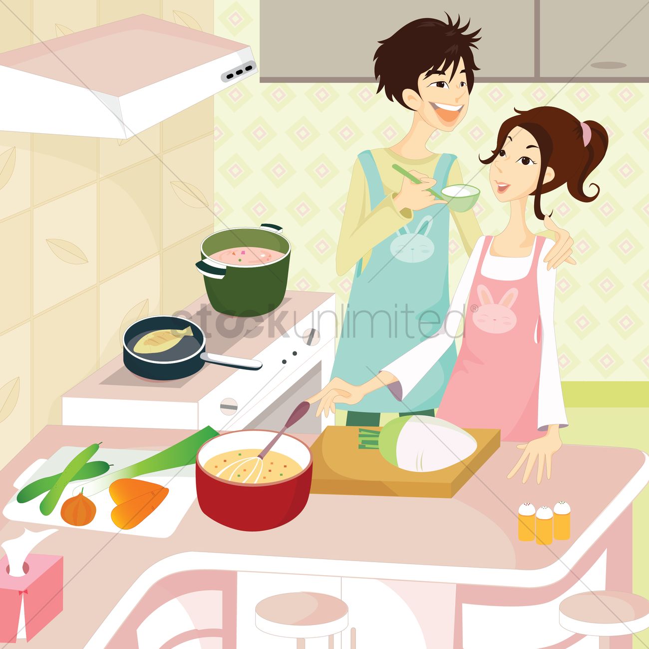 1300x1300 Couple Cooking In The Kitchen Vector Image