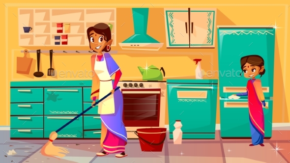 590x332 Indian Housewife Cleaning Kitchen Vector By Vectorpouch Graphicriver