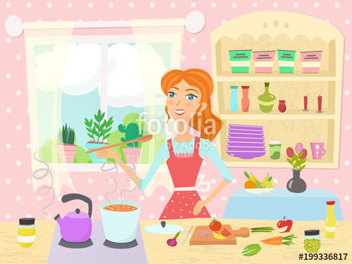 500x375 Cooking Woman In Kitchen. Vector Illustration. Stock Image And