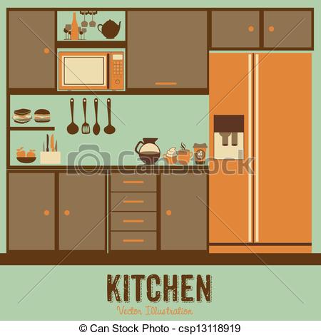 450x470 Illustration Kitchen With Appliances, Food And Drawers. Vector