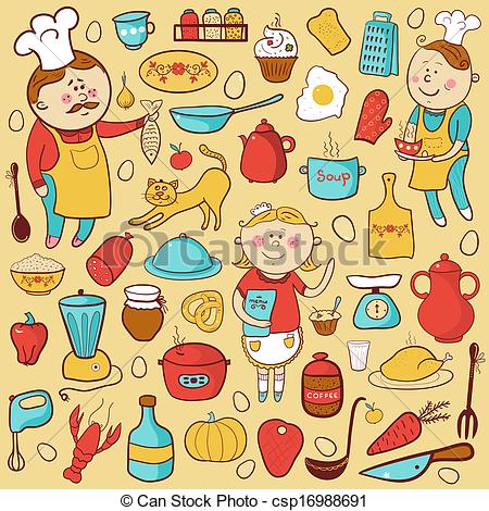 450x470 Kitchen Vector Set, Cartoon Colorful Elements, Cook, Tools And Food.
