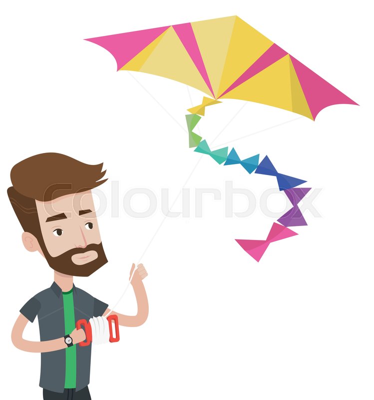 749x800 Young Hipster Man Flying A Colourful Kite. Caucasian Man