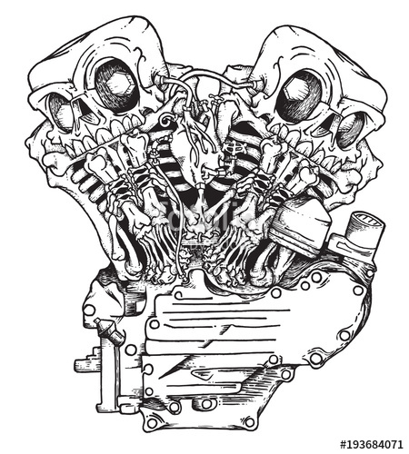 450x500 Stylized Knuckle Twin Motorcycle Engine. Handcrafted Mascot Of