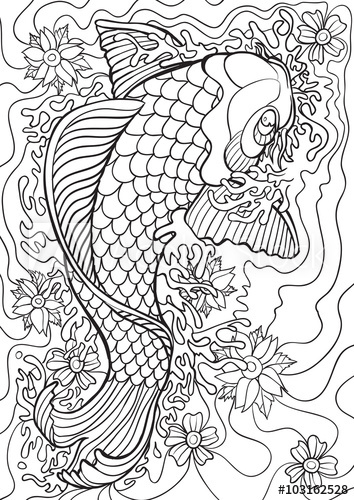 354x500 Adult Coloring Book Illustration. Tattoo Set Koi. Vector