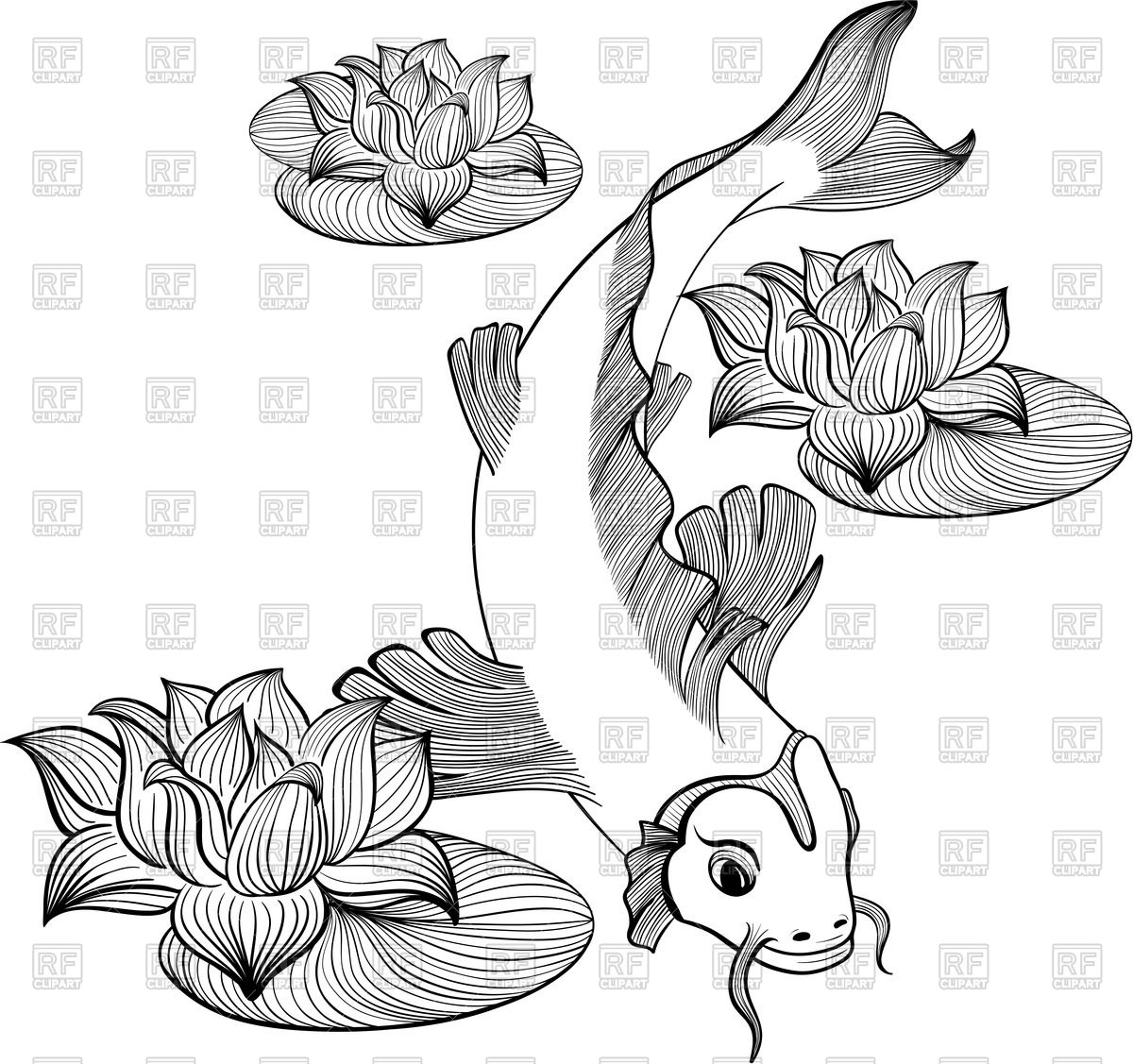 1200x1127 Outline Koi Carp Between Lotus Flowers Vector Image Vector